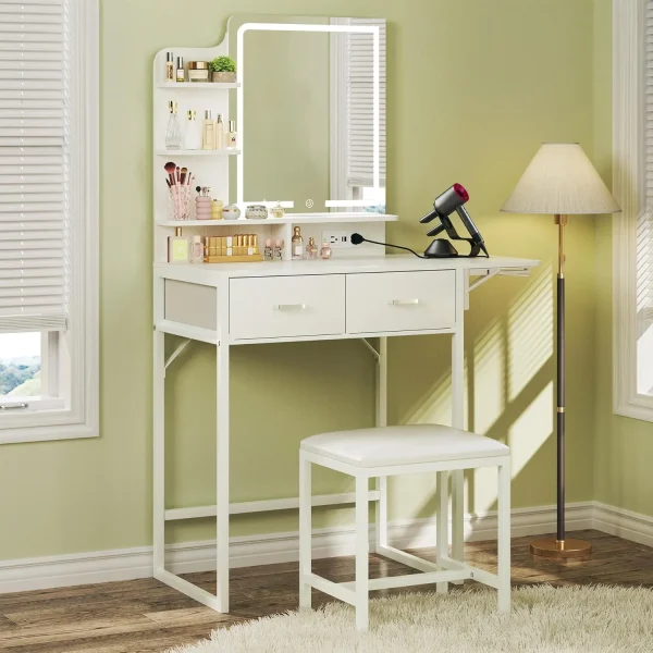 Fixwal Small Makeup Vanity Table with LED Mirror, 4 Drawers & Charging Station, White