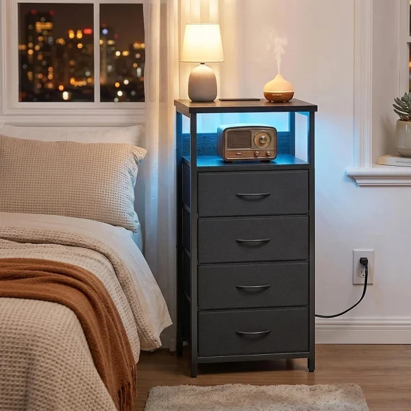 Black Tall Nightstand with Charging Station, 4 Fabric Drawers, RGB LED & Open Shelves